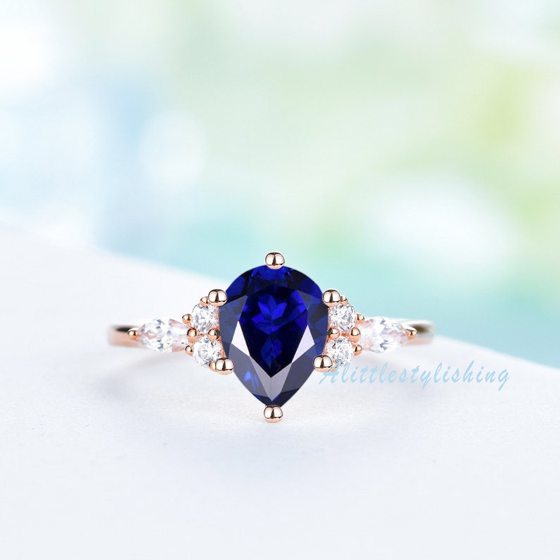 Pear Cut Blue Sapphire Engagement Ring Art Deco Moissanite Wedding Ring Three Stone Bridal Promise Anniversary Ring 10K Rose Gold Jewelry image 1