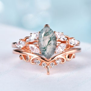 Marquise moss agate engagement ring set vintage moss agate ring set marquise moissanite ring set green moss ring 7 stone ring bridal set