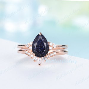 Blue Sandstone Engagement Rings for Women Unique Pear Cut Sandstone Wedding Ring Set Rose Gold Curve Promise Anniversary Gifts Bridal Set