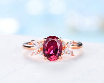 Ruby Engagement Ring Vintage Oval Cut Ruby Ring Moissanite Ring Flower Promise Ring Dainty Rose Gold Ring July Birthstone Anniversary Ring