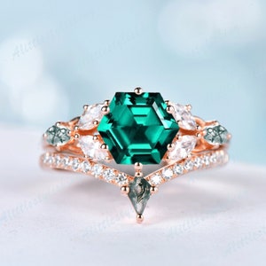 Emerald Engagement Ring Cluster Ring Hexagon Cut Lab Emerald Engagement Ring Antique Rose Gold Promise Ring Solid Plain Gold Gemstone Ring