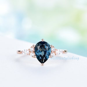 Pear Cut Blue Sapphire Engagement Ring Art Deco Moissanite Wedding Ring Three Stone Bridal Promise Anniversary Ring 10K Rose Gold Jewelry image 9