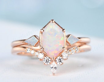 Vintage Opal Engagement Ring Unique Ring Set Rose Gold Opal Ring 14K Yellow Gold October Birthstone Elegant Anniversary Gift For Her