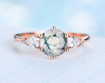 Unique Art Deco Moss Agate Engagement Ring Vintage Pear Cut Moissanite Bridal Ring Moss Agate Promise Ring Five Stone Rose Gold Ring Jewelry