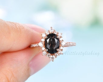 Black Quartz Rutilated Ring Vintage Engagement Ring Unique Halo Ring Moissanite Diamond Wedding Band 14K Rose Gold Promise Bridal Jewelry