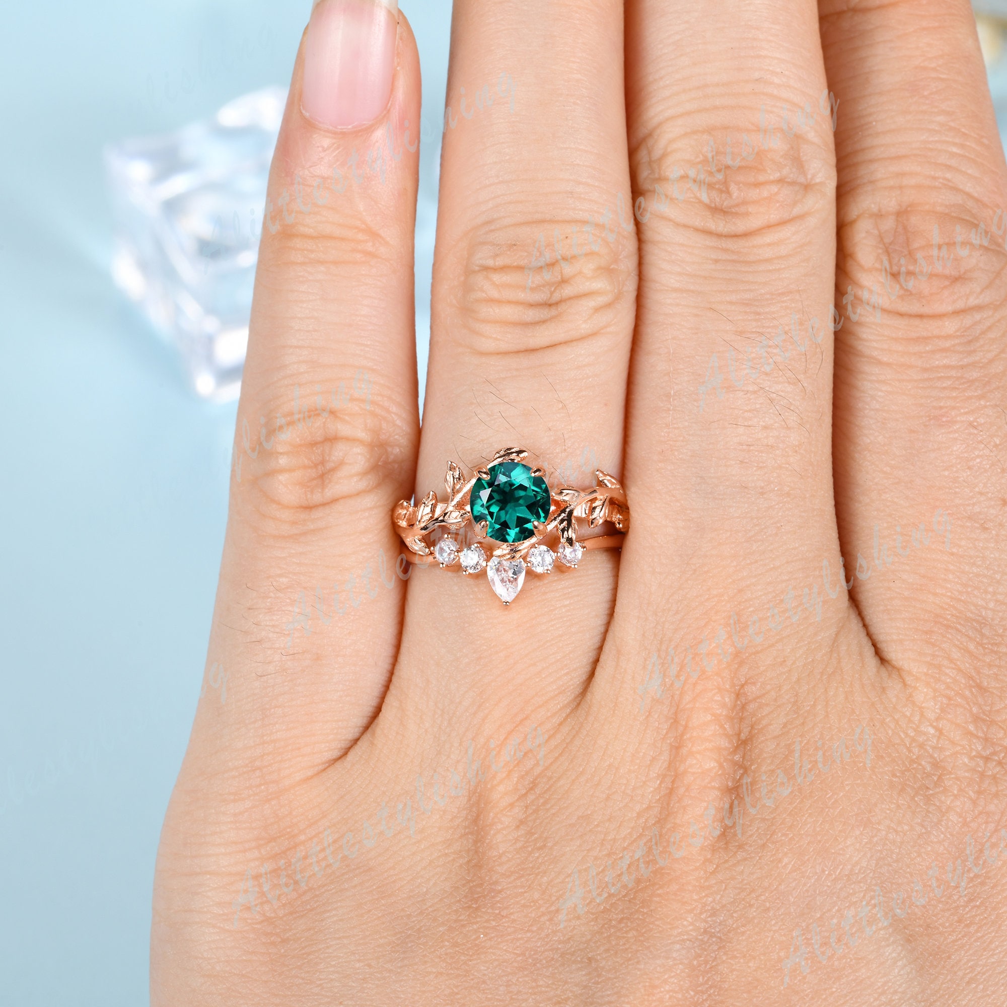 14K Rose Gold Emerald Ring Set Vintage Emerald Engagement Etsy