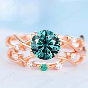 Vintage Green Moissanite engagement ring rose gold art deco emerald moissanite ring antique bridal set wedding anniversary rings for women