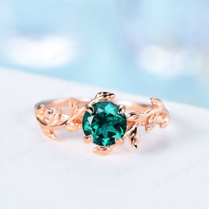 Emerald Ring Vintage Emerald Engagement Ring 14K Rose Gold Twig Wedding Ring Unique Leaf Vine Ring Sterling Silver Emerald Promise Jewelry