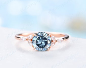 Art Deco Blue Grey Moissanite Engagement Ring Vintage Round Cut Marquise Cut Ring Unique Dainty Promise Bridal Ring Anniversary Wedding Ring