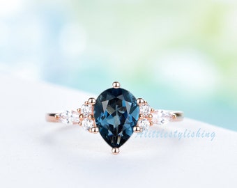 London Blue Topaz Engagement Ring 3 Stone Marquise Wedding Band Pear Cut Topaz Ring Vintage Wedding Bridal Promise Anniversary Ring 14K Gold