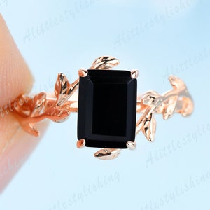 Black Onyx Engagement Ring Emerald Cut Black Stone Ring 14K Rose Gold Engagement Ring Cluster Ring Promise Ring Anniversary Gift For Her