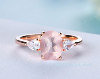 6x8mm Oval Cut Rose Quartz Engagement Ring Unique Rose Gold Three Stone Ring Art Deco Pear Moissanite Wedding Ring Solitaire Bridal Ring