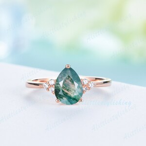 Moss Agate Vintage Silver Ring Moss Agate Pear Ring Natural Moss Agate Ring Rose Gold Art Deco Engagement Ring 14K Gold Bridal Promise Ring