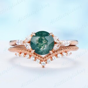Round shaped moss agate engagement ring set vintage moss agate ring set marquise moissanite ring set green moss ring 7 stone ring bridal set