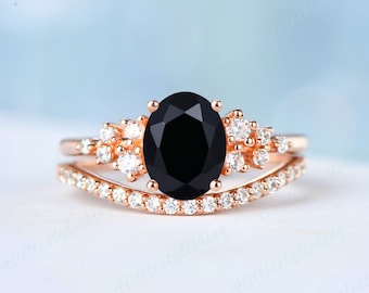 Black onyx engagement rings for woman rose gold black onyx wedding set moissanite wedding band cluster bridal set curve stackable ring