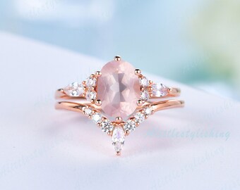 Oval Rose Quartz Engagement Rings for Woman Pink Quartz Wedding Bridal Ring Set Art Deco Curve Wedding Band in 14K Rose Gold