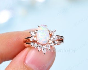 Pear Opal Bridal Set, Rose Gold Floral Promise Rings