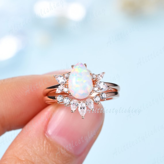 Pear shaped opal promise ring set for her vintage floral engagement rings  for women rose gold opal bridal set moissanite wedding ring set