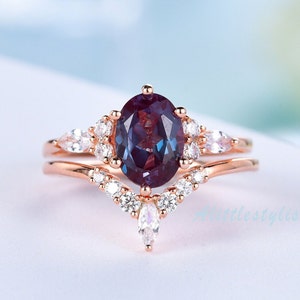 Oval Alexandrite engagement ring set vintage alexandrite ring art deco marquise moissanite ring curved wedding band rose gold bridal set