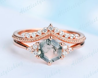 Dainty Art Deco Wedding Ring Set, Vintage Hexagon Moss Agate Engagement Rings for Women, Milgrain Tiara Wedding Band, Rose Gold Promise Ring