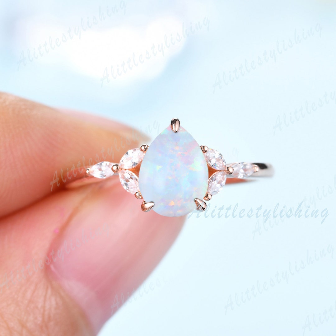 Vintage White Opal Engagement Ring Rose Gold Opal Rings for Woman