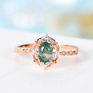 Antique Dainty Moss Agate Engagement Ring Rose Gold Vintage - Etsy