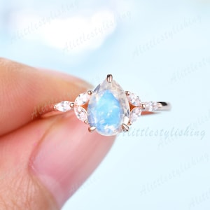 Vintage Pear Moonstone Engagement Ring Rose Gold Moonstone Ring Sterling Silver Ring Unique Marquise Ring Art Deco Moissanite Bridal Ring