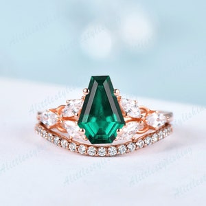 Vintage Coffin cut Emerald engagement ring unique Marquise Moissanite Wedding ring Art deco rose gold bridal set anniversary gift for her