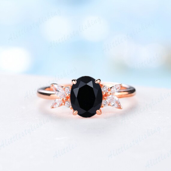 Black Onyx Promise Ring Vintage Oval Engagement Ring 14K Rose Etsy