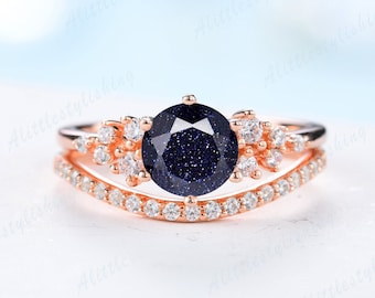Blue Sandstone Wedding Ring Set, Vintage Round Blue Sandstone Engagement Ring Rose Gold, Stacking Rings, Moissanite Curve Band, Bridal Set