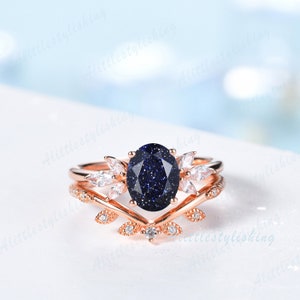 Vintage Leaf Blue Sandstone Ring Set Nature Inspired Ring Unique Engagement Rings for Women Stack Wedding Bridal Set Rose Gold Promise Ring