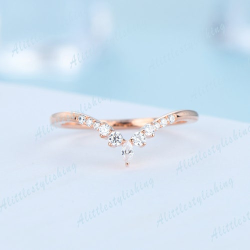 Marquise Moissanite wedding band dainty curve wedding band nesting band rose shops gold V ring woman chevron ring matching band anniversary ring