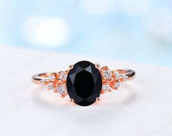 Oval black onyx ring round moissanite black onyx engagement ring art deco black onyx promise wedding ring rose gold ring cluster ring