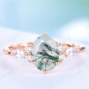 Moss Agate engagement ring rose gold vintage engagement ring marquise cut cz diamond twisted wedding band dainty bridal promise ring