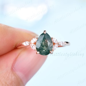 Pear Moss Agate Ring Vintage Moss Agate Engagement Ring Moissanite Ring Rose Gold for Women Art Deco 7 Stone Dainty Jewelry Bridal Ring Gift