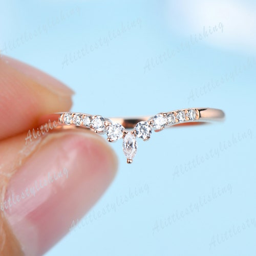 Marquise Moissanite wedding band dainty curve wedding band nesting band rose shops gold V ring woman chevron ring matching band anniversary ring