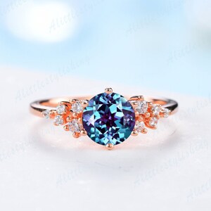 Alexandrit Ring Sterling Silber Vintage Einzigartige Verlobungsring 14K Rose Gold Versprechen Ring für Frau Jahrestag Geschenk für sie