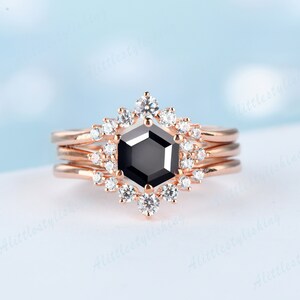 Vintage Black Onyx Diamond Ring Hexagon Cut Shape Ring Bridal Wedding Ring Set 14k Gold Black Onyx Ring For Woman Art Deco Anniversary