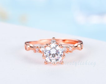 Vintage Moissanite Engagement Ring Rose Gold Moissanite Ring Art Deco Wedding Band Unique Woman Bridal Promise Ring Anniversary Jewelry Gift
