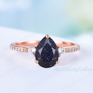 Blue Sandstone Ring, Blue Sandstone Engagement Ring, Pear Cut Wedding Ring, Unique Galaxy Ring, Rose Gold Bridal Promise Ring Gift for Her