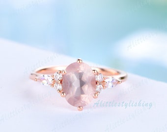 Rose quartz engagement ring silver rose gold unique oval cut rose quartz ring marquise three stone ring woman antique anniversary ring