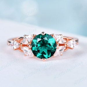 Rose Gold Emerald Engagement Ring, Round Cut Emerald Ring, Art Deco Cluster Women Wedding Ring, Promise Anniversary Ring, Personalized gift