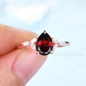 Garnet Engagement Ring Pear Cut Red Garnet Ring Unique Engagement Ring Art Deco Vintage Wedding Bridal Ring Rose Gold Anniversary Ring Gifts