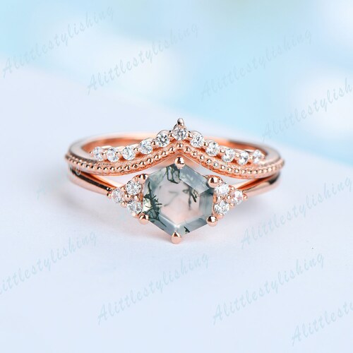 Dainty Art Deco Wedding shops Ring Set, Vintage Hexagon Moss Agate Engagement Rings for Women, Milgrain Tiara Wedding Band, Rose Gold Promise Ring
