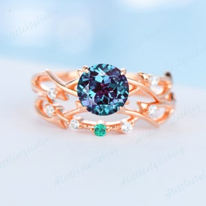 Alexandrite engagement ring set color changing gemstone ring alexandrite wedding ring set valentine days gift unique anniversary ring