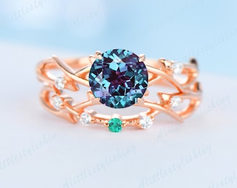 Alexandrite engagement ring set color changing gemstone ring alexandrite wedding ring set valentine days gift unique anniversary ring