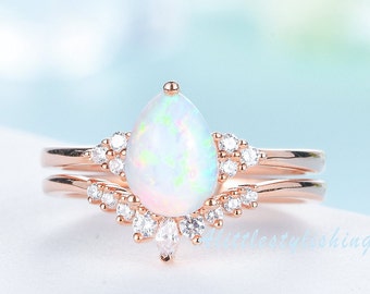 Pear Cut Opal Rings for Women Vintage Opal Engagement Ring Set Rose Gold Opal Wedding Ring Set Moissanite Curved Wedding Band Stacking Rings