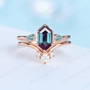 Vintage bague de fiançailles alexandrite bague de mariage en or rose agate mousse naturelle bagues de fiançailles en forme de cerf-volant bague promesse cadeau d&#39;anniversaire