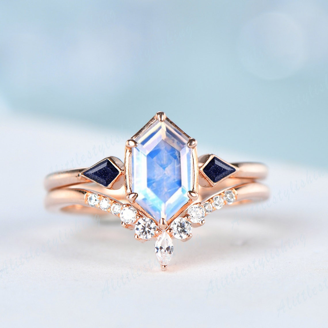 Art Deco Moonstone Engagement Ring Moonstone Wedding Ring Set - Etsy