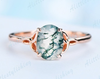 Moss Agate ring, Celtic knot ring, Infinity knot ring, Oval Moss Agate Engagement Ring, Rose Gold Norse Viking ring, Unique Wedding Band